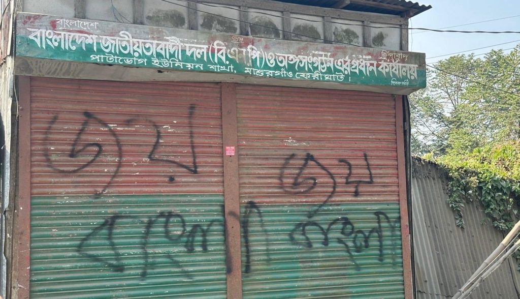 <span>শ্রীনগর / </span>মুন্সিগঞ্জের শ্রীনগরে বিএনপির কার্যালয়ের মূল ফটকে জয় বাংলা স্লোগান